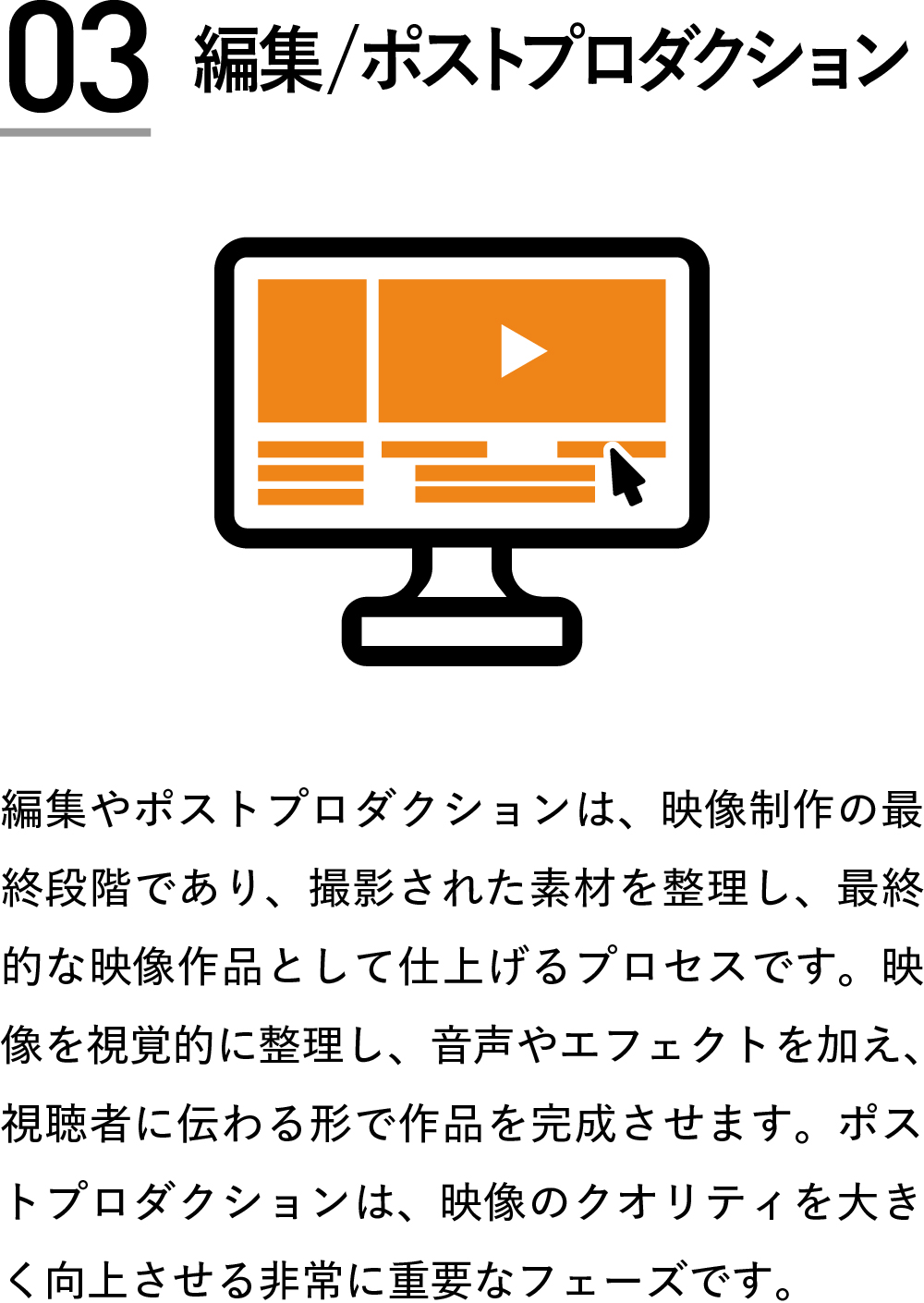 03 編集/ポストプロダクション編集やポストプロダクションは、映像制作の最終段階であり、撮影された素材を整理し、最終的な映像作品として仕上げるプロセスです。映像を視覚的に整理し、音声やエフェクトを加え、 視聴者に伝わる形で作品を完成させます。ポストプロダクションは、映像のクオリティを大きく向上させる非常に重要なフェーズです。