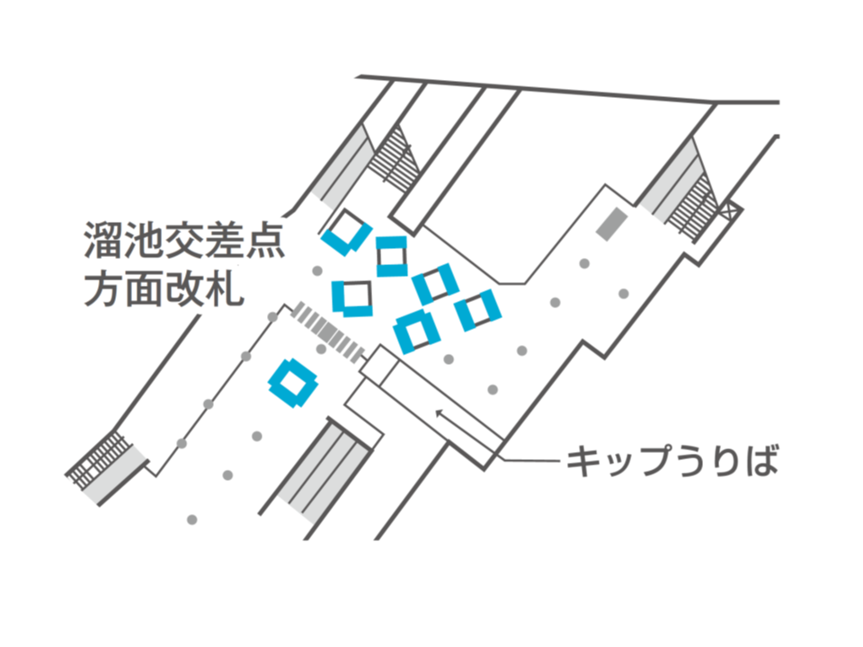 東京メトロ溜池山王駅のMCV銀座線溜池交差点方面改札がどこにあるかを地図上で示した画像です。改札の内外にあり、溜池山王駅の地下構内を通行する方を対象とした人気のDOOHです。