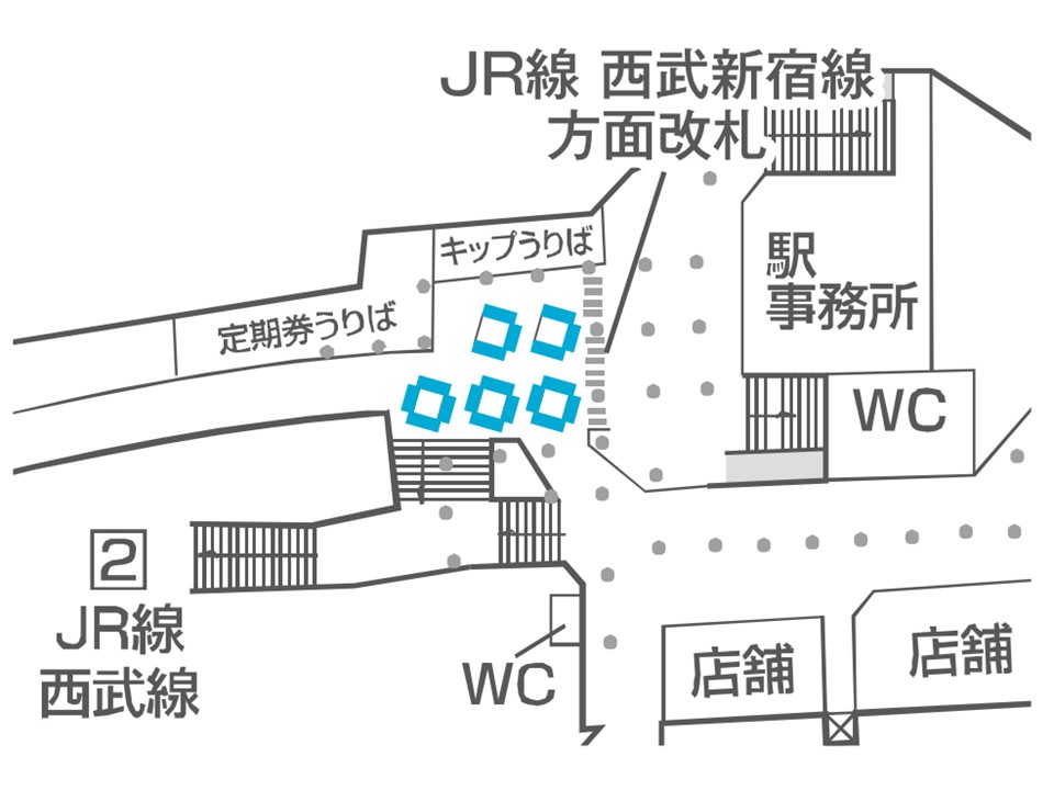 高田馬場駅のどこにデジタルサイネージが設置されているか説明している画像です。JR線・西武新宿線方面改札のそば