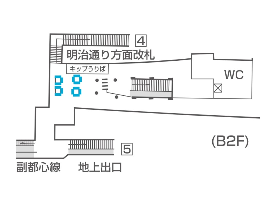 明治神宮前(原宿)駅のどこにデジタルサイネージが設置されているか説明している画像です。明治通り方面改札のそば