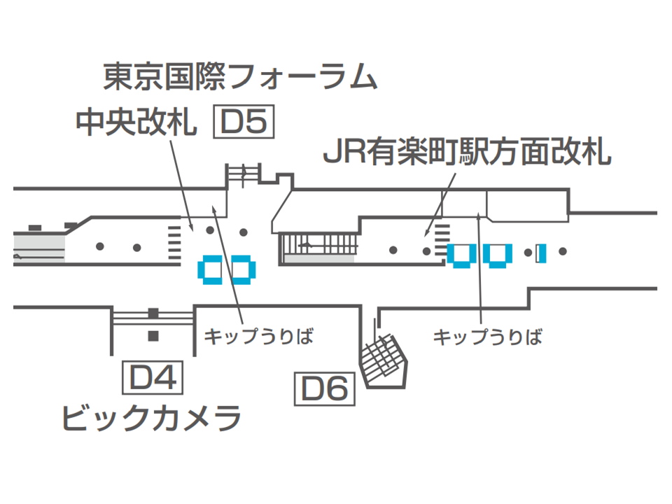 有楽町駅のどこにデジタルサイネージが設置されているか説明している画像です。JR有楽町駅方面改札のそば