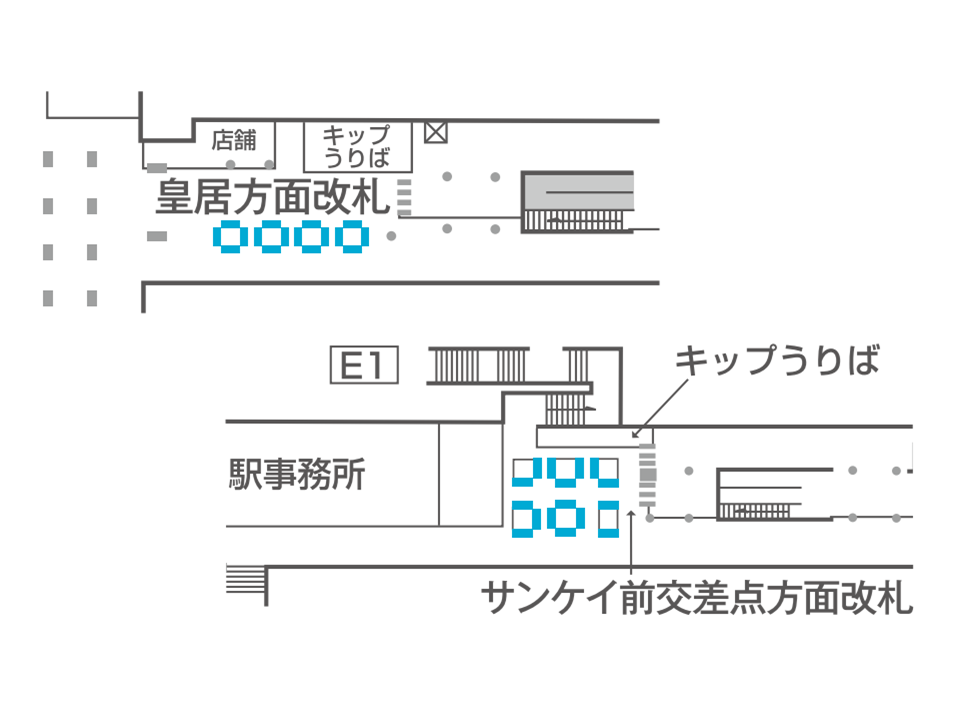 大手町駅のどこにデジタルサイネージが設置されているか説明している画像です。半蔵門線方面改札のそば