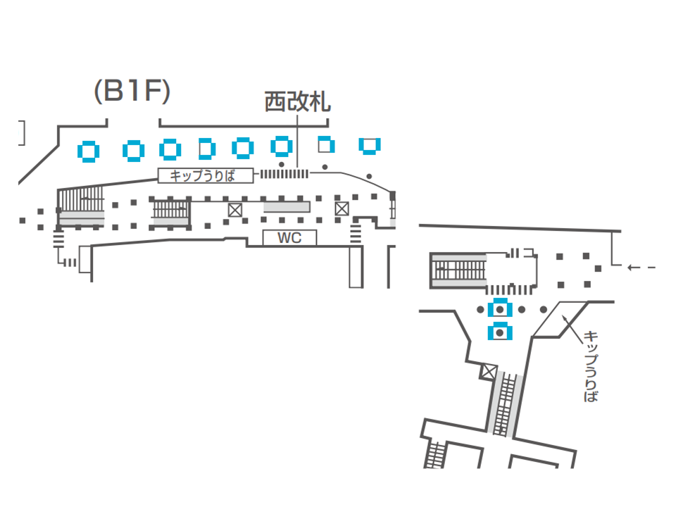 大手町駅のどこにデジタルサイネージが設置されているか説明している画像です。東西線方面改札のそば