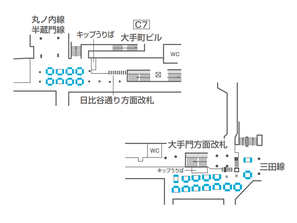 大手町駅のどこにデジタルサイネージが設置されているか説明している画像です。千代田線方面改札のそば