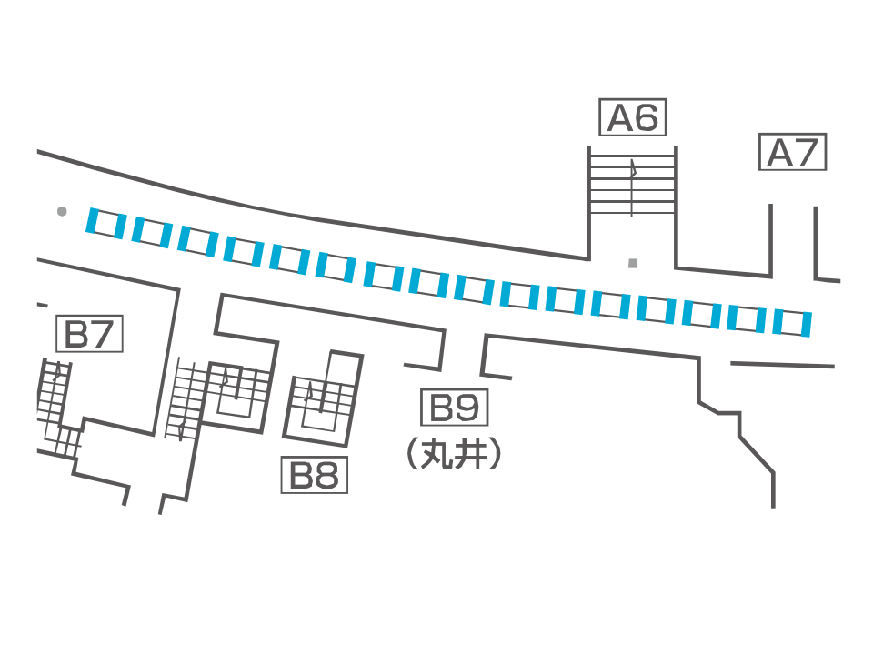 新宿三丁目駅のどこにデジタルサイネージが設置されているか説明している画像です。新宿駅方面通路のそば