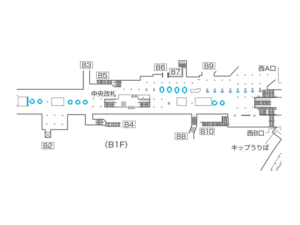 銀座駅のどこにデジタルサイネージが設置されているか説明している画像です。日比谷線コンコースのそば