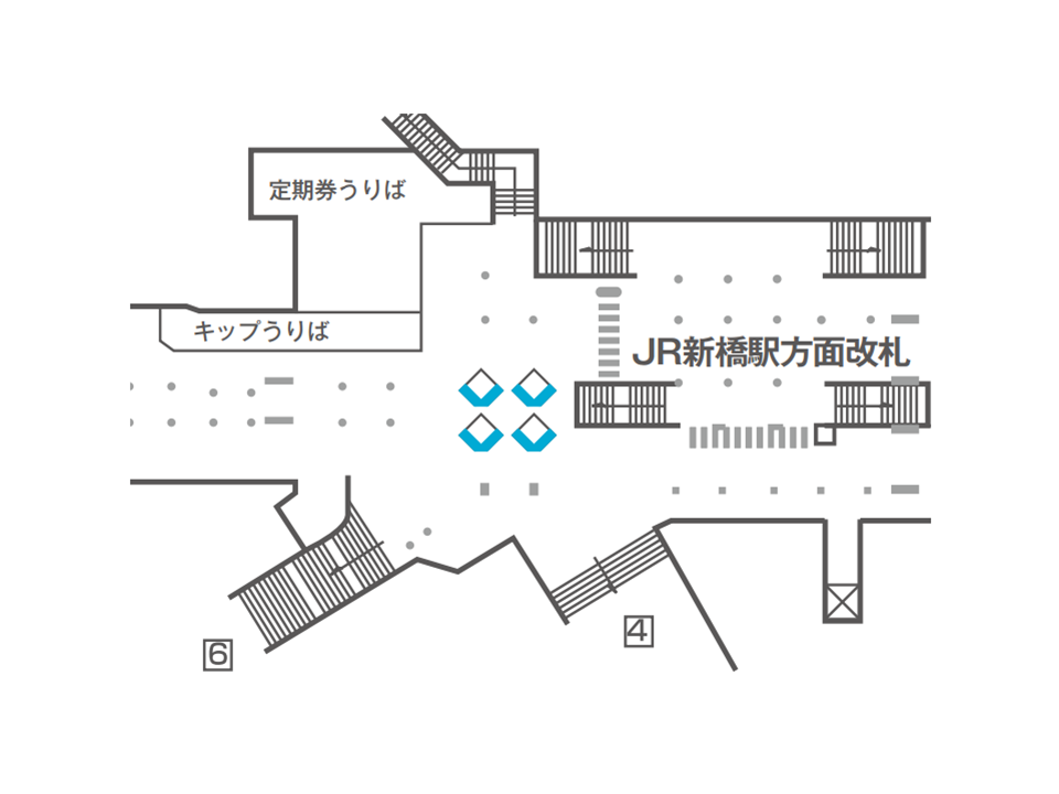 新橋駅のどこにデジタルサイネージが設置されているか説明している画像です。JR新橋駅方面改札のそば