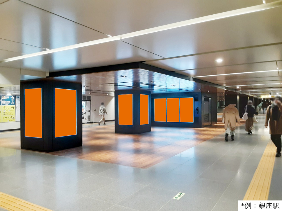 16駅19エリア（銀座／日本橋／上野2ヶ所／溜池山王／新宿／池袋2ヶ所／六本木／恵比寿／秋葉原／飯田橋／明治神宮前〈原宿〉／豊洲2ヶ所／有楽町／高田馬場／北千住／虎ノ門ヒルズ）駅の構内で展開する縦型のデジタルサイネージ広告の写真です