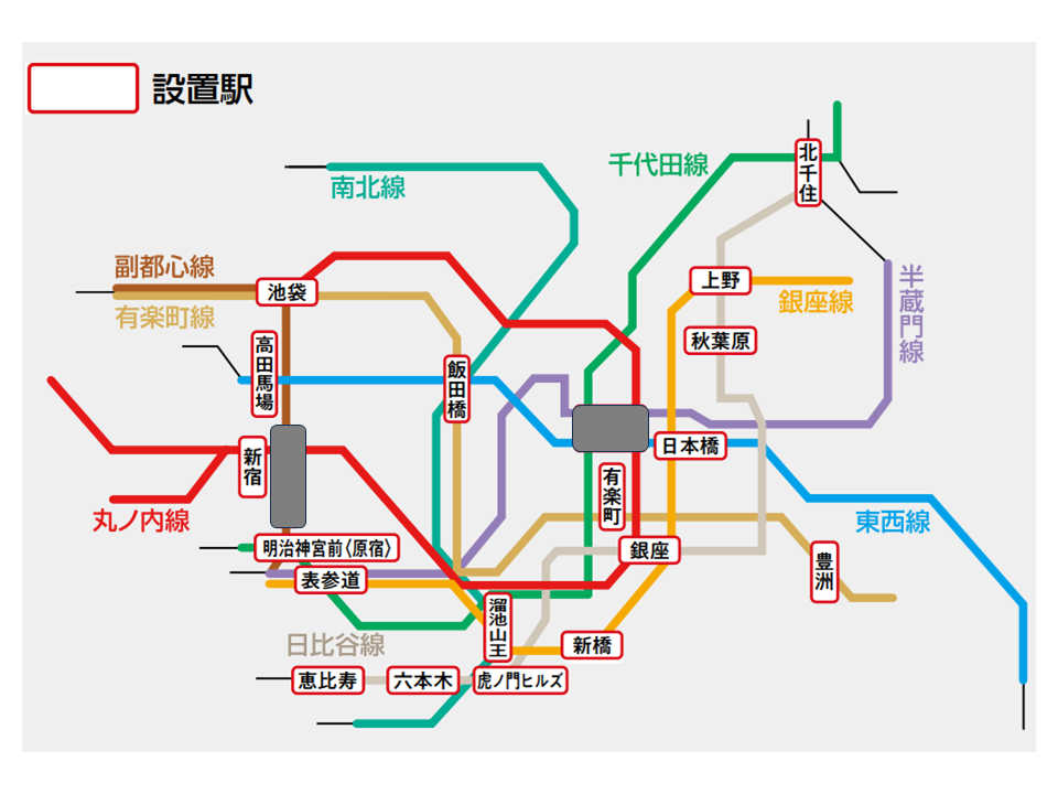 16駅19エリア（銀座／日本橋／上野2ヶ所／溜池山王／新宿／池袋2ヶ所／六本木／恵比寿／秋葉原／飯田橋／明治神宮前〈原宿〉／豊洲2ヶ所／有楽町／高田馬場／北千住／虎ノ門ヒルズ）駅のどこにデジタルサイネージが設置されているか説明している画像です。
