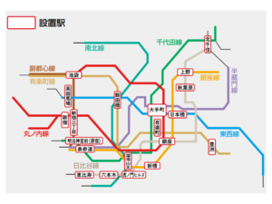 MCV 1weekフルセット（16駅＋大手町＋新宿三丁目セット）｜主要18駅にある柱型の映像広告