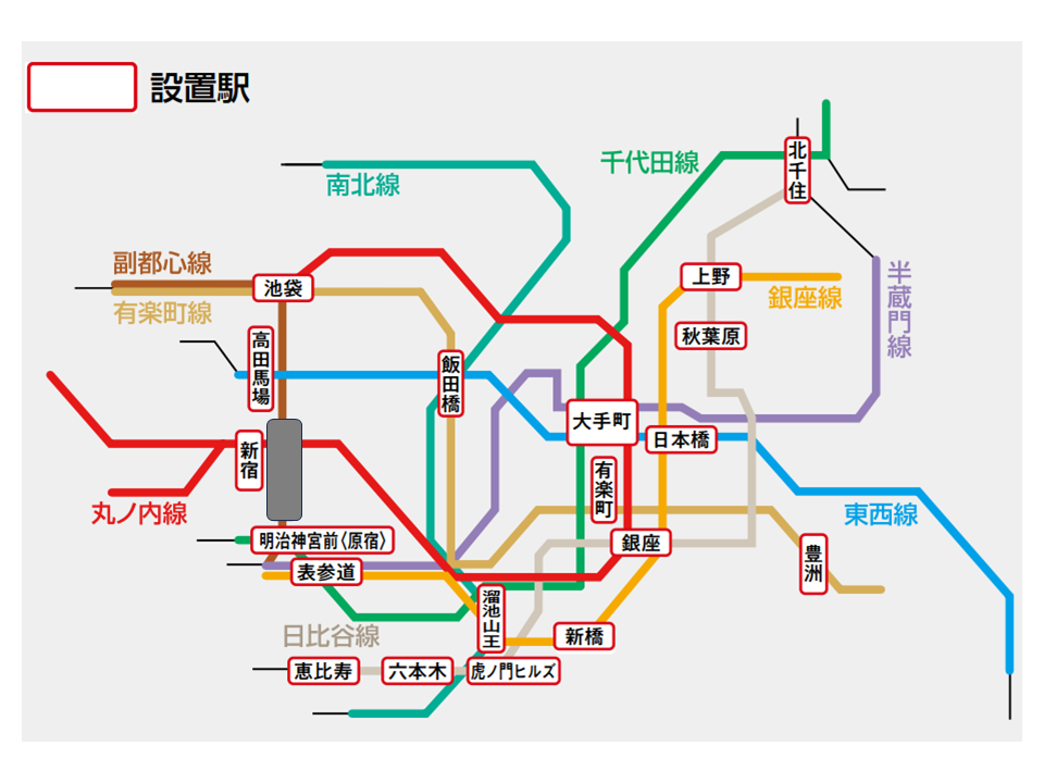 17駅23エリア（銀座／日本橋／上野2ヶ所／溜池山王／新宿／池袋2ヶ所／六本木／恵比寿／秋葉原／飯田橋／明治神宮前〈原宿〉／豊洲2ヶ所／有楽町／高田馬場／北千住／虎ノ門ヒルズ）駅のどこにデジタルサイネージが設置されているか説明している画像です。
